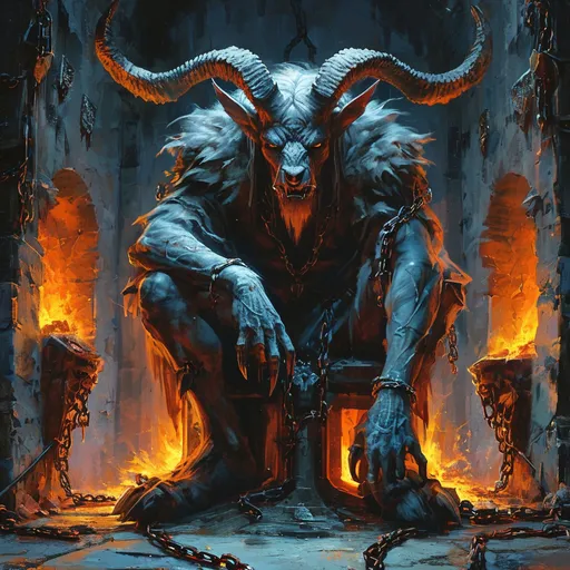 Prompt: (devil-like creature in his throne in the depths of hell), cold fire , dungeon like surroudings, darkness and evil looking, cages and chains,