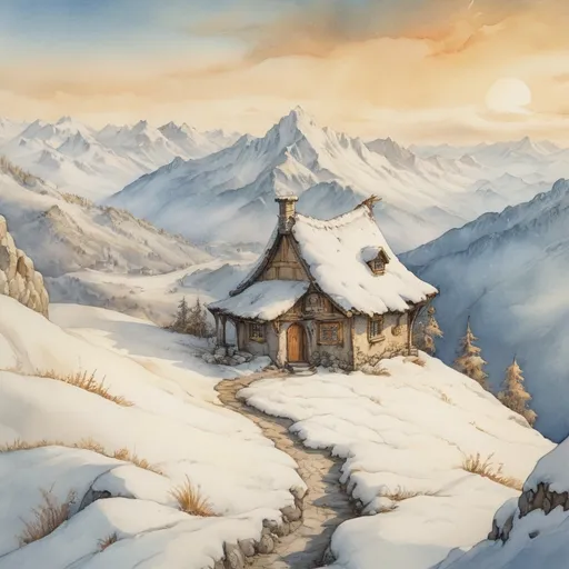 Prompt: aerial view, (anton pieck style watercolor painting), lone hut, endless path in the snow, over the ridges of high mountains, back country, (glorious wide view), golden sunbaked clouds, sunny winter day, lone traveler, medieval fantasy, serene atmosphere, intricate details of snow, vibrant yet warm color tones, captivating lighting, immersive depth, tranquil and enchanting scene, (4K ultra-detailed) quality.