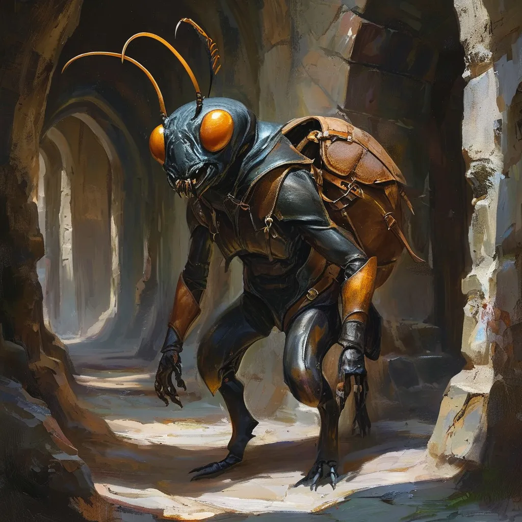 Prompt: (humanoid ant), DnD character, mandables, carapas, medieval adventurer, dungeon crawling, exploring dimly lit dungeon,  richly detailed oil painting, sturdy leather backpack, atmospheric shadows, mysterious ambiance, high-quality craftsmanship, dynamic composition, encapsulating the spirit of adventure and discovery.