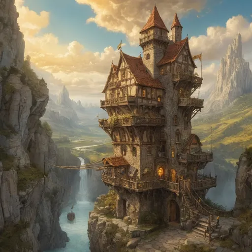 Prompt: (flying ship docked a balcony of a flying floating mage's tower), anton pieck style, oil painting, (golden clouds), sun's rays, rocky valley, wild stream, medieval fantasy, magical atmosphere, vibrant and warm colors, cinematic depth, highly detailed background, rugged landscape, serene ambiance, whimsical and enchanting scene, ultra-detailed, 4K.