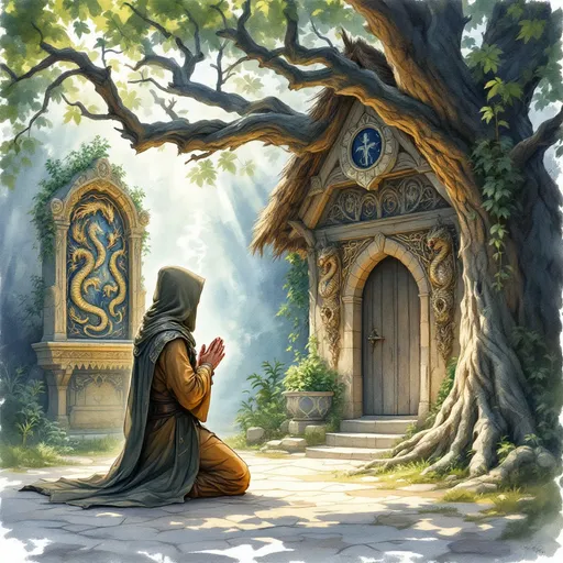 Prompt: kobolt praying in front of his hut, medieval fantasy style, watercolor painting, vibrant colors, ethereal sunlight filtering through leafy trees, enchanting atmosphere, intricate details of dragon worship altar, warm and inviting ambiance, soft brush strokes capturing serene moments, high-quality art masterpiece, mystical setting.