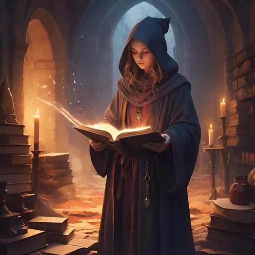 Prompt: Wizards apprentice on the road in a medieval fantasy setting, (illuminating spellbook), spells in the air, alena aenami style, oversized robes, vibrant and dramatic colors, warm lighting, magical atmosphere, swirling spell effects, cozy candle-lit background with ancient tomes and parchment, enchanted artifacts scattered around, detailed medieval attire, ultra-detailed, HD, high depth cinematic masterpiece.