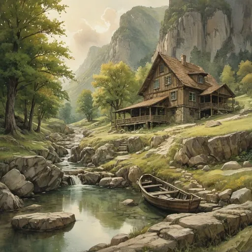 Prompt: Glen in a deep rocky valley, watercolor sharp lines, colorful, deep green tints, skipping stones, pond, waterfall, old wooden boat, sunbeam lighting, golden clouds, anton pieck-style tavern, highres, watercolor, colorful, scenic, realistic, detailed, atmospheric lighting