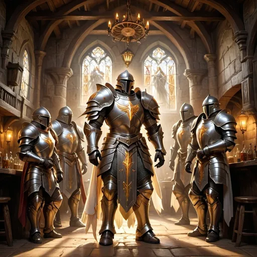 Prompt: (angelic light), impressive group of paladins, detailed and ornate armor reflecting a shimmering glow, standing together in a majestic formation, sacred atmosphere, vibrant and warm lighting encapsulating the scene, in a medieval tavern, ultra-detailed, epic landscape background, heightened sense of unity and purpose, powerful and divine essence radiating from their presence, cinematic masterpiece.