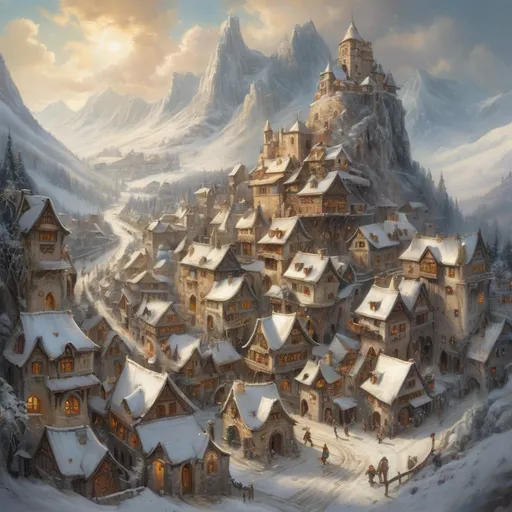 Prompt: Oil painting of an (medieval fantasy mountain village in winter), inspired by Anton Pieck style, (rich in detail), charming houses with intricately designed facades, towers, palaces, snow-covered rooftops, farmers market crowded with lively characters, magical spells in the air,  warm sun beams breaking through soft winter clouds, creating a serene and magical ambiance, mountains in the background, ( vibrant colors) for a captivating and nostalgic scene.