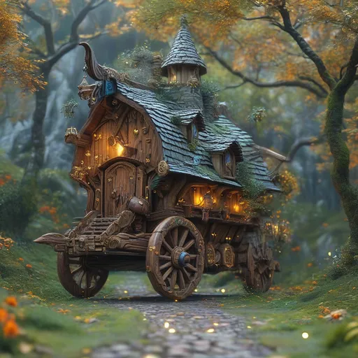 Prompt: (a grand magical wooden transport wagon), medieval fantasy, glowing runes, swirling magical energy, vibrant colors, enchanting atmosphere, stones lining the rustic country road, atmospheric lighting with soft warm tones, detailed craftsmanship of wagon, elaborate carvings, lush greenery surrounding road, ultra-detailed, dynamic energy showcasing active spells, an air of adventure and mystique.