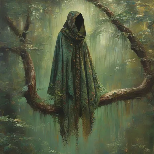 Prompt: (camelelon cloak), subtly blending with the lush greenery, (hanging gracefully on a branch) in a mystical forest setting, (oil painting) style with vibrant, rich colors that evoke enchantment, detailed brush strokes capturing texture, magical ambiance with dappled sunlight filtering through trees,  inviting adventure.