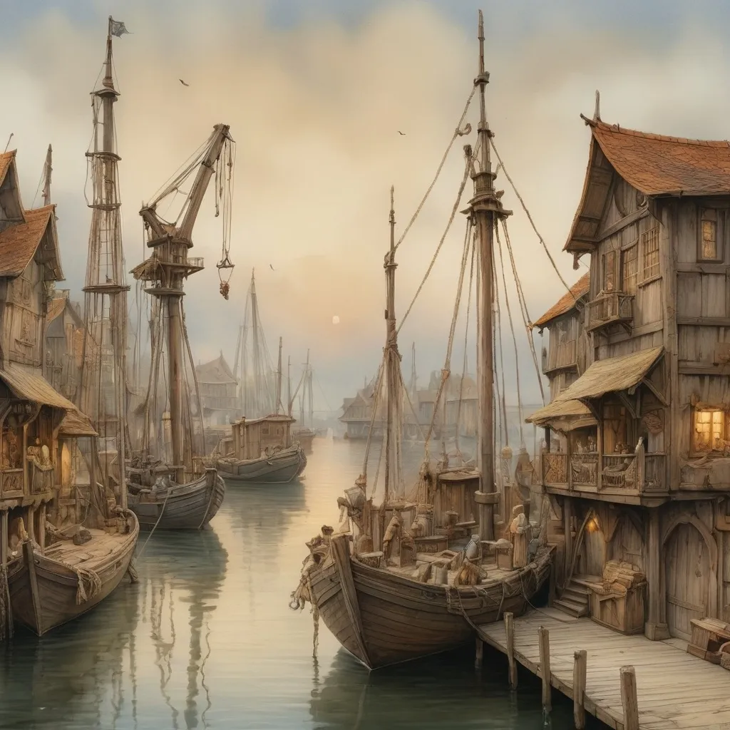 Prompt: (old man ship maker), (antique wooden wharf at the waters edge), (cranes and ropes) in intricate detail, medieval fantasy setting, watercolor painting anton pieck style, soft and muted colors, warm ambient lighting, filled with dust motes, nostalgic atmosphere, charming clutter, whimsical and dreamy quality, ultra-detailed, inviting vibe that captures the essence of craftsmanship and imagination.