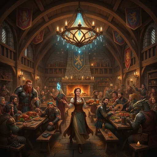Prompt: a cozy but chaotic medieval fantasy style tavern with wood and stone elements. happy adventurers of different classes like sorcerrers, fighters, bards or tinkers and different races like half giants, dwarfs humans, elves and dragon born sitting around the tabels where  a beautiful waittress skillfully manouvers with food and drinks between the people. light of candles and a fire place give a nice glow and higher up a magical chandelier is illuminating the ceiling.