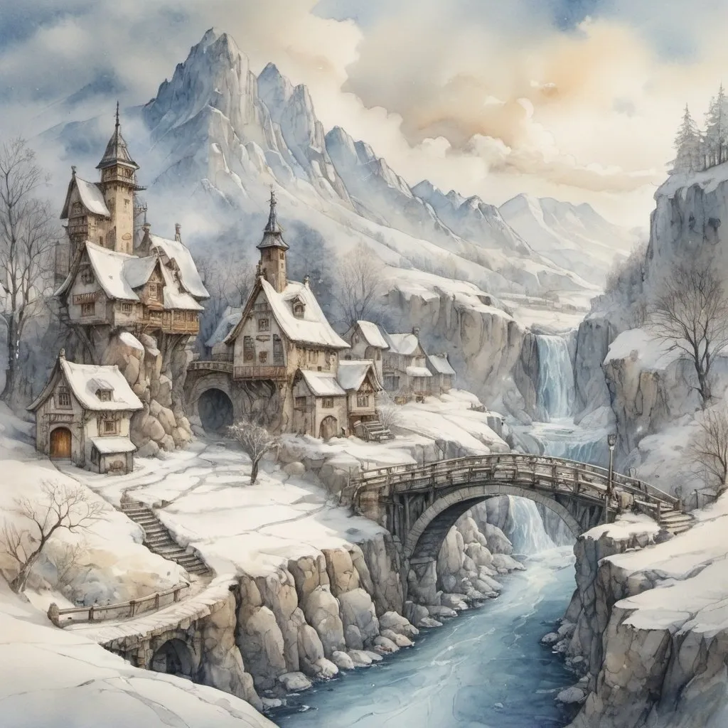 Prompt: Anton Pieck style, medieval fantasy watercolor mountain landscape, humble farmstead, connected roads winter, snow and ice, Wild water river, waterfalls, Bridge, detailed stone, mysterious, foggy, sweeping golden clouds, professional quality, blue tints, freezing, cold