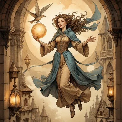 Prompt: Anton Pieck style illustration of a majestic female sorcerer soaring, vintage paper texture, intricate line work, detailed magical robes, enchanting floating artifacts, mystical atmosphere, warm and nostalgic tones, soft lighting, high quality, vintage, detailed robes, magical artifacts, nostalgic, warm tones, soft lighting