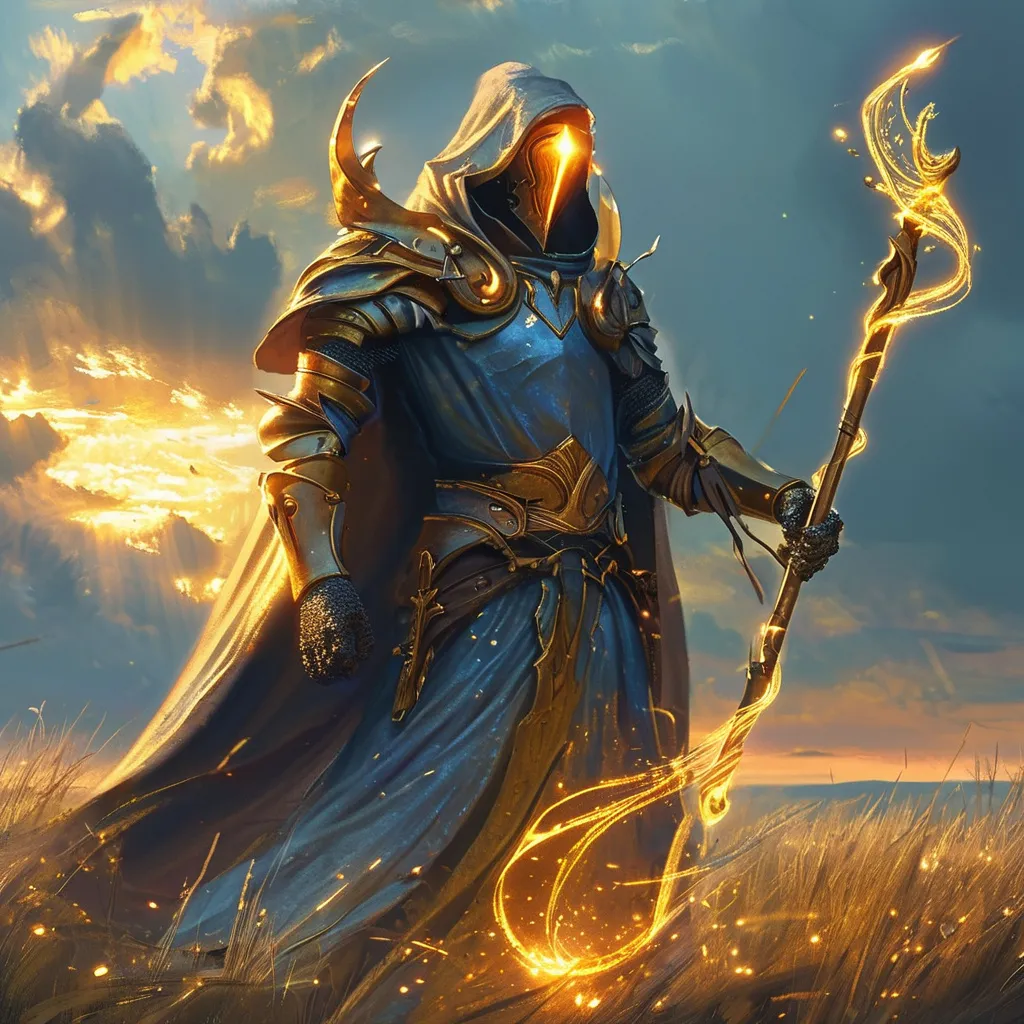 Prompt: healer DnD character, (healing shimerign glow) enveloping heavenly figure, (golden illuminating Staff) poised for action, in the field of battle, (medieval fantasy) atmosphere, mysterious aura surrounding the character, high detail textures, intrigue, sun rays, (4K resolution) for a captivating and immersive scene.