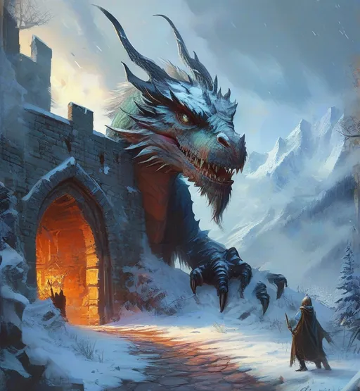 Prompt: Pencil painting of a dragon monster (medieval fantasy in winter), dungeon entrance, inspired by Justin gerard style, (rich in detail), charming DND characters frightened, comedic, whimsical, hoard, snow-covered environment, magical spells in the air,  warm sun beams breaking through soft winter clouds, creating a serene and magical ambiance, mountains in the background, ( vibrant colors) for a captivating and nostalgic scene.