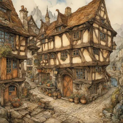 Prompt: <mymodel> Medieval fantasy, mountians, tavern and road inn, immersive atmosphere, highres, detailed, medieval fantasy, vibrant colors, warm lighting, rustic charm, scenic landscape, oil painting,