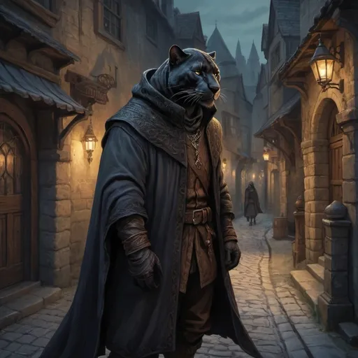 Prompt: Anton Pieck style illustration of panther person character DnD style, on the streets in the shadows, cloaked, romantic lighting, detailed fur face and rogue outfit, highres, ,medieval fantasy detailed, romantic, enchanting, magical, traditional illustration, warm tones, atmospheric lighting