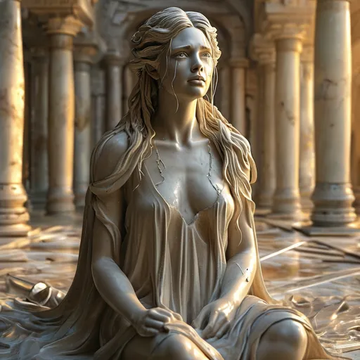 Prompt: realistic (marble full-body statue of a gorgeous woman crying kneeling), adorned beautifully, set in the middle of a grand auditorium within an ancient temple, atmospheric ambiance with sophisticated lighting, ethereal sun rays illuminating the scene, detailed ancient architecture surrounding, warm tones creating a mystical feel, hint of medieval fantasy, ultra-detailed, high-definition.