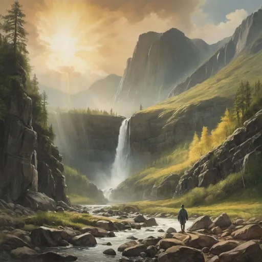 Prompt: albert bierstadt style, glen in a deep rocky valley, watercolor sharp lines, colourful, deep green tintes, waterfall, skipping stones, sun beam lighting, golden clouds, wooden cabbin on the cliff