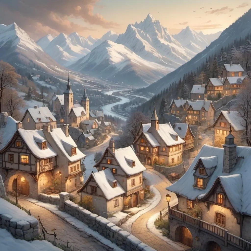 Prompt: Top-down Anton Pieck style illustration of a cozy village, grand castle overlooking, meandering river, spring time, epic snow-capped mountains in the distance, heartening atmosphere, soft tones, nightfall, golden hour, forest, detailed buildings, charming streets, idyllic setting, warm lighting, vintage, comforting, nostalgic, cozy village, grand castle, meandering river, epic snow-capped mountains, heartening, soft tones, nightfall, golden hour, forest, antique, heartwarming lighting