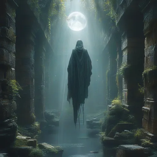 Prompt: (ancient worrior), floating in ancient ruins, (medieval fantasy setting), ethereal and translucent spectre, eerie atmosphere, dimly lit environment with rays of moonlight filtering through debris, mystical shadows, high detail, enchanting yet somber ambiance, (delicate wisps of mist), profound depth, captivating visual narrative.