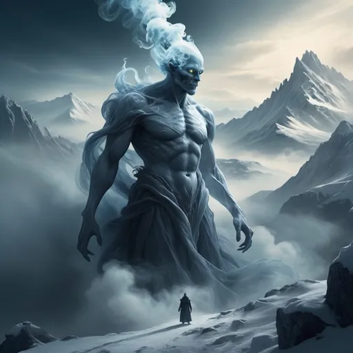 Prompt: (billowing smoke creature), dark shadows, (medieval fantasy), mysterious atmosphere, balance of peace and danger, ethereal wisps enveloping the form, backdrop of a mystical landscape, soft glowing light filtering through the haze, (highly detailed), enigmatic presence, sense of tension and serenity, cinematic depth, snowy mountains, icy blue, hard and cold, freezing admosphere