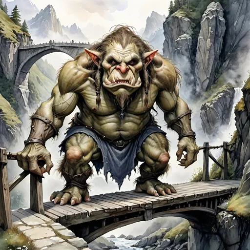 Prompt: Watercolor painting of a menacing bridge troll, medieval fantasy, DND character, mountainous landscape, detailed troll features, rugged bridge, road, mystical atmosphere, high quality, watercolor, fantasy, medieval, detailed troll, mountain landscape, menacing, rugged bridge, mystical atmosphere, professional, atmospheric lighting