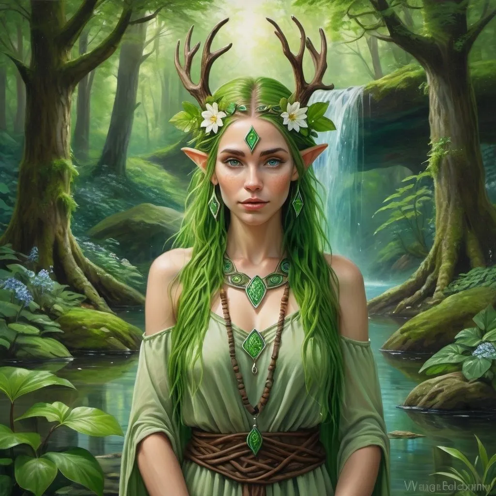 Prompt: Elfen druid in an oil painting, lush woodland setting with green ambience, serene natural water feature, detailed floral and fauna, mystical aura, high-quality, oil painting, fantasy, woodland, detailed elfen features, serene green ambience, mystical, natural water, highres, detailed artistry, serene lighting, detailed face,  magic, runes, full body