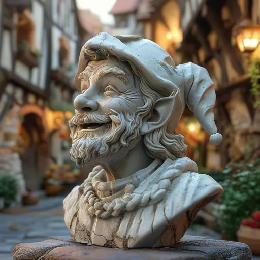 Prompt: (veiny marble white statue of a fool), cheerful and jolly expression, bright (radiant lighting), meideval fantasy, detailed features, intricate veins design, in the village square, warm atmosphere, lush greenery surrounding, inviting entrance, ultra-detailed, cinematic depth, harmonious blend of elegance and whimsy, vibrant colors reflecting off the statue surface.