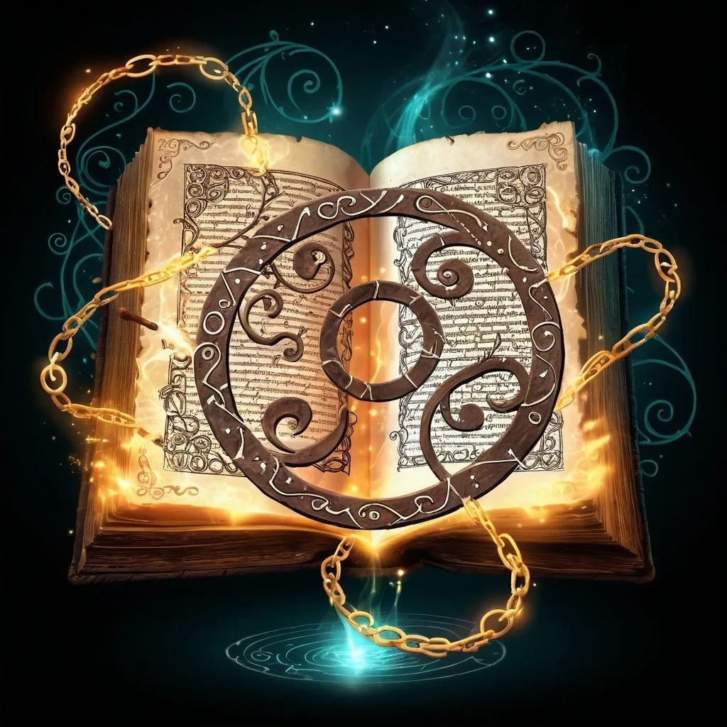 Prompt: Ancient spell tome, magical glow, ancient writing, tome floating in the air, illuminating magical swirls, detailed illustration, high quality, magical, vines emerging, ancient, illuminating runes, chains, floating, detailed, atmospheric lighting, ancient markings, magical cirkel