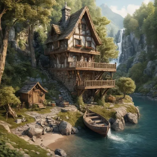 Prompt: miniatur world realistic Large Anton Pieck-style wood and stone cabin on a peninsula with a large main treehouse tower, moss roof, medieval fantasy, mountainous region, old wooden rudderboat, forest and beach, stream,  waterfall, vintage painting, detailed textures, serene atmosphere, wimsicle architecture,  warm tones, soft lighting, 4k, highres, nostalgic, detailed scenery, tranquil setting, vintage charm, summer sunset