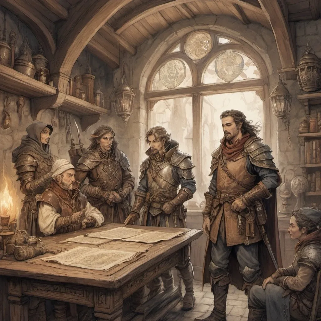 Prompt: Anton Pieck style illustration of the adventurers guild DnD style adventurer characters, vintage paper texture, intricate line work, high detail, mystical atmosphere, warm and nostalgic tones, soft lighting, high quality, leather armor, dragon born, elves, mage, rogue, worrior, healer