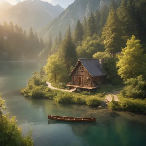 Prompt: aerial view, (charming rustic boathouse at tranquil mountain lake), small mountain path leading to front door, fairytale-like surroundings, serene atmosphere, wooden canoe at the shore, misty water, waterfall in background, enveloped in lush nature, calming golden morning light, sun's rays piercing through, ultra-detailed, picturesque landscape, whispering tranquility, enchanting beauty of nature, reflecting calmness and peace.