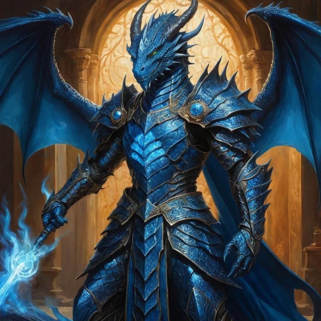 Prompt: Highly detailed full body oil painting of a dragon human hybrid mage character, intricate and royal armor , glowing mages staff, intricate blue scales and sharp claws, shining spell, spell casting, intense and intelligent gaze, rich and deep color palette, dramatic lighting, professional, detailed, oil painting, rich blue colors, dramatic lighting, high quality