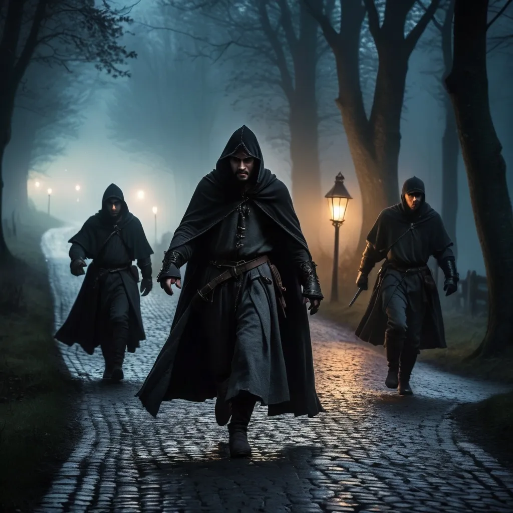 Prompt: (thugs, robbery, medieval fantasy), dramatic scene unfolding on a cobblestone country road, shadowy figures lurking, at the edge of a forest, intense expressions on faces, dimly lit atmosphere, (misty twilight), intricate details of medieval attire, tension palpable, high-quality, ultra-detailed, cinematic ambiance designed to evoke excitement and suspense.