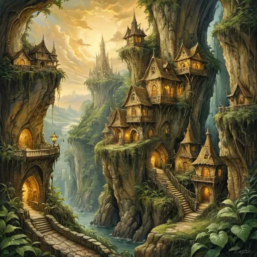 Prompt: (anton pieck style oil painting), vibrant jungle cliffs, enchanting medieval fantasy elf village with towers and spires, (golden clouds) casting a warm glow, intricate smooth lines, mystical ancient ruins, magical swirls enveloping the scene, detailed runes illuminating the surroundings, (dreamy atmosphere), lush greenery, ethereal lighting, captivating storytelling, (ultra-detailed) composition.