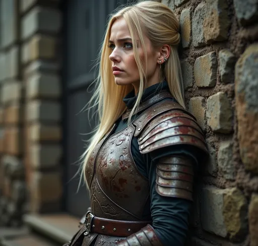 Prompt: Full body, (Beautiful side view of a gorgeous female soldier), blood and gore smeared outfit, muddy, leaning at the city gates, battle worn, medieval Fantasy, petit figure, sad eyes, Straight stunning blond hair (flowing over shoulders), refined worn leather armor , post fight sadness, soft natural lighting, harmonious colors, dreary setting, ultra-detailed, feminine grace, cinematic depth, high quality, (photorealistic).