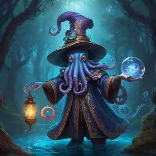 Prompt: Cute magical floating octopus mage, medieval fantasy art style, vibrant color palette, forrest, whimsical details, high quality, wizards hat, detailed tentacles, mystical, blue illuminating magical swirls, glowing eyes, enchanting, whimsical, magical, medieval fantasy, vibrant colors, floating, mage, professional, atmospheric lighting, intricate victorian mages robes