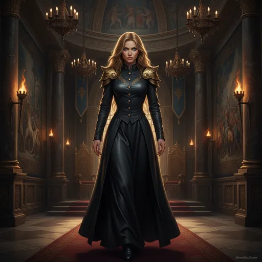 Prompt: Imagine a striking scene inside the opulent palace of the emperor, where shadows dance across the lavishly adorned walls, illuminated by flickering torches casting a warm, golden glow. At the center stands a gorgeous elegant woman with golden hair that cascades over her shoulders and piercing blue eyes, exuding an air of authority. showing the entire body of a lean, athletic figure, dressed in a flowing soft leather  military Inquisition uniform dress and topped by a tailored closed buttonned coat, accentuating her dominance and elegance. Her piercing gaze surveys the chamber with a confident intensity, her dark attire commands the hall. This image captures the essence of  meideval fantasy fantasy concept art, with rich textures that emphasizes her commanding presence. in a photo realistic style