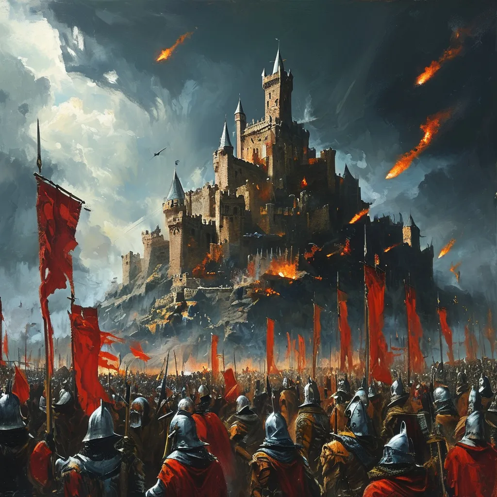 Prompt: (oil painting), epic medieval fantasy, (storming of the castle), armies marching in formation, powerful siege engines, spells arcing through the gloomy sky, dense dark clouds, (dramatic lighting), intense mood of impending doom, intricate details of armor and weaponry, atmospheric shadows, (HD) 고급 4k quality, deeply saturated color scheme adding to the darkness.