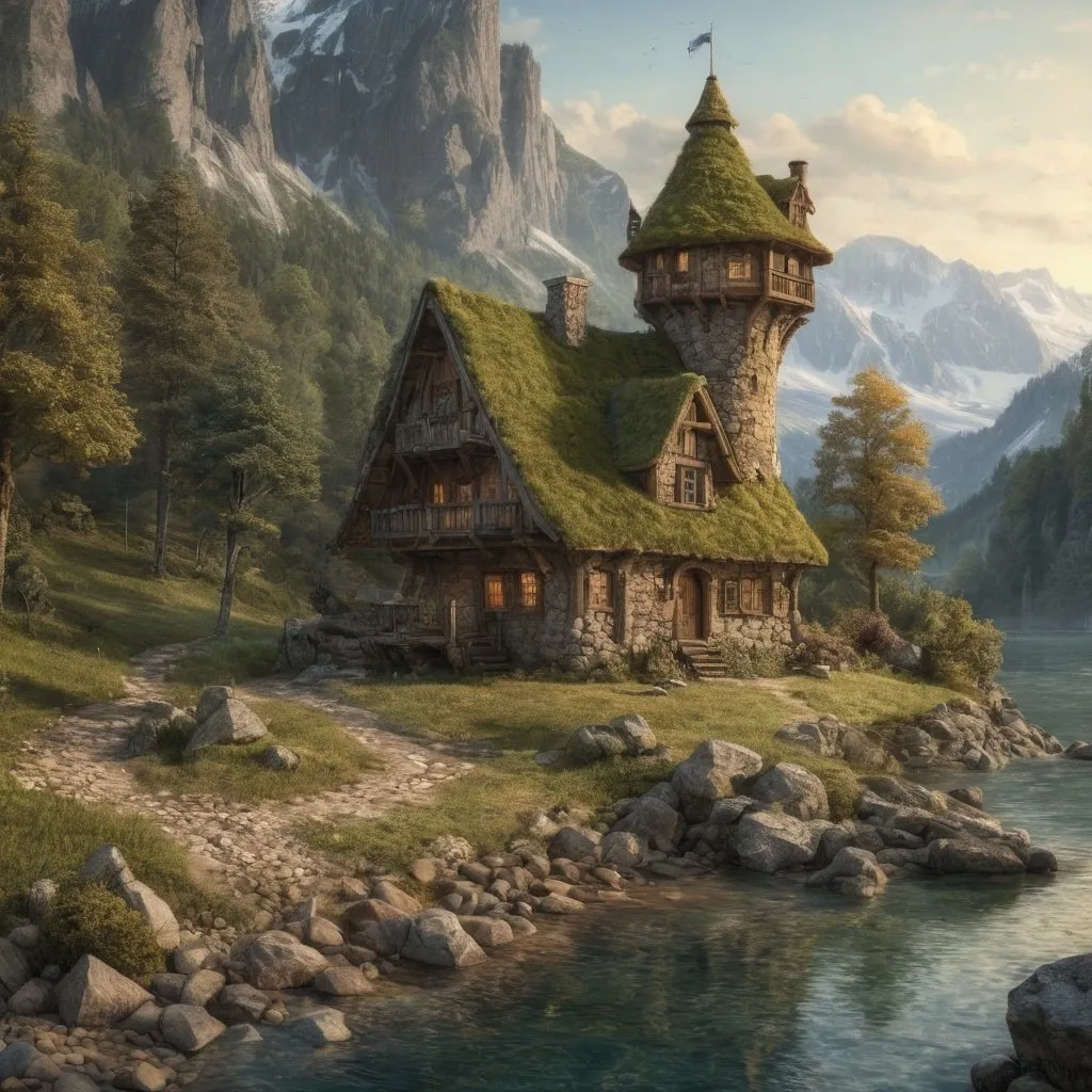 Prompt: realistic Large Anton Pieck-style wood and stone cabin on a peninsula with a large main tower, moss roof, medieval fantasy, mountainb lake, mountainous region, small old wooden sailboat, forest and beach, stream, cozy, waterfall, vintage painting, detailed textures, serene atmosphere, wimsicle architecture,  warm tones, soft lighting, 4k, highres, nostalgic, detailed scenery, tranquil setting, vintage charm, summer sunset