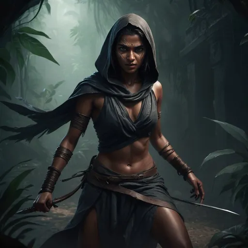 Prompt: High-quality dark fantasy digital painting of a fierce adivasi female assassin, detailed facial features, dynamic action, intent to kill, dark atmosphere, intense and focused gaze, dynamic full body action pose, fine cotton cloathing, cloak, full body, tropical rainforest, ancient ruins, mysterious and shadowy lighting, cinematic, intense, dark tones, assassin, digital painting, detailed eyes, professional, intense smile, sweat drops