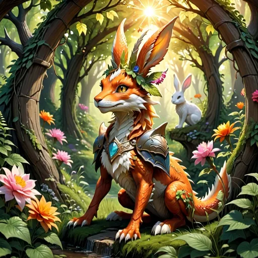 Prompt: (a captivating scene of hybride of a dragonfox with bunny ears and horns), (medieval fantasy style), magical illumination, set in a stunning magical forest filled with vibrant flowers and lush leaves, sun rays through the trees, whimsical atmosphere, interacting playfully, intricate details in foliage and colors, (highly detailed, 4K) illustration.