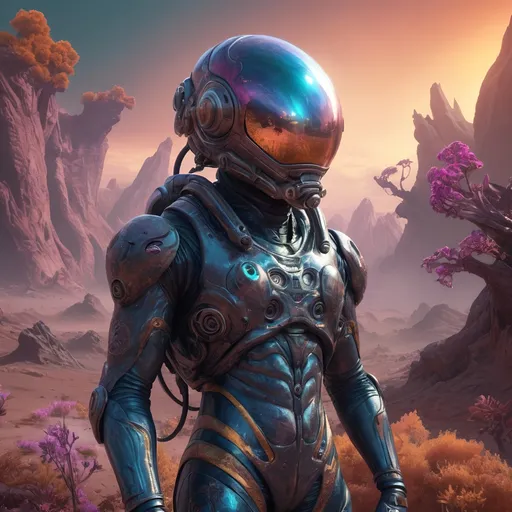 Prompt: Space explorer on a strange planet, alien landscape, high-res digital painting, sci-fi, surreal colors, steam punk, body tight suit with futuristic design, alien flora and fauna, beautiful face, atmospheric lighting, detailed open helmet, otherworldly atmosphere, exploratory mission, mysterious environment, high-tech equipment, vibrant and surreal tones, professional digital art