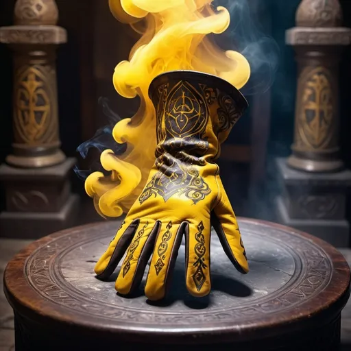 Prompt: (leather gloves of might), (yellow swirling magical smoke), intricate design details, medieval fantasy ambiance, mystical symbolism, enchanting lighting, a stone pedestal adorned with ancient runes, vibrant colors highlighting the magical essence, high resolution, ethereal atmosphere, dynamic energy surrounding the gloves, cinematic depth