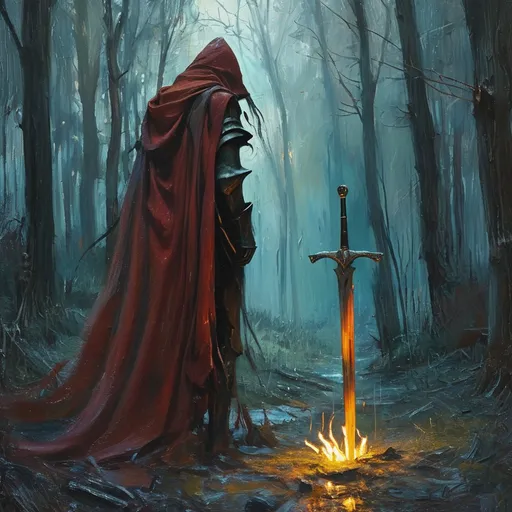 Prompt: oilpainting,  *(small dragon comforting a fallen knight)*, dark woods, eerie atmosphere, (dreadful lighting), (magical broken sword) emitting a soft glow, mystic shadows dancing on the ground, medieval fantasy, magical spells, shadows, enchanting yet haunting scenery, rich details in bark and foliage, (4K), overall vibe of sadness intertwined with a touch of magic, emotionally resonant and dramatic.