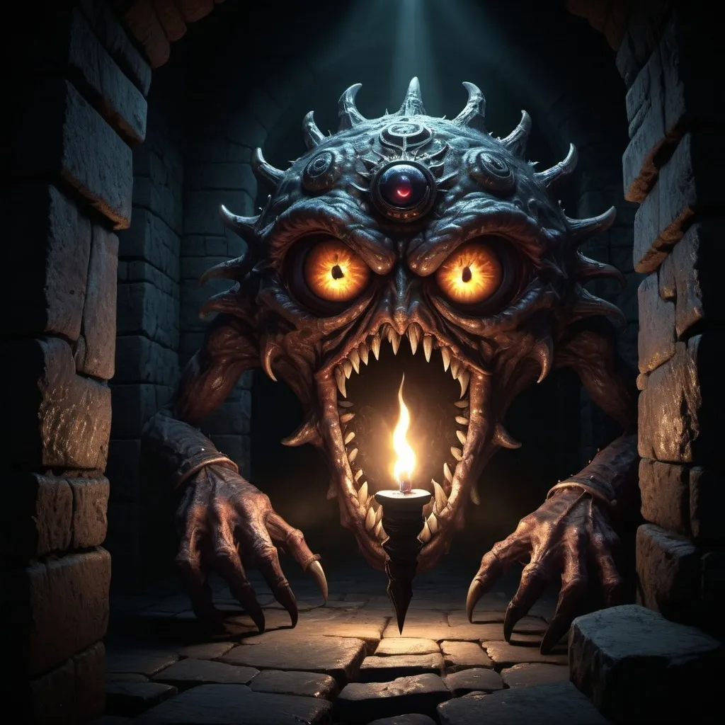 Prompt: (DnD beholder), (eyes everywhere), menacing creature, dark dungeon setting, stone walls, eerie shadows, flickering torchlight casting ominous glows, high detail, dramatic lighting, atmospheric depth, (4K), intense and foreboding ambiance, mysterious textures and elements, dynamic perspective enhancing the monstrous feel, captivating fantasy scene.