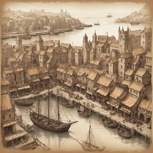 Prompt: Medieval fantasy painting of an ancient port city, DnD style, vintage paper, sepia color, detailed line art, docks, ancient architecture, bustling market, weathered buildings, antique ships, intricate details, high quality,  vintage paper texture, detailed illustration, atmospheric style, top view