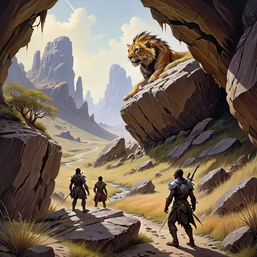 Prompt: (ambush in a rocky valley), (D&D adventure), savannah style, oil painting, dramatic lighting, deep shadows, vibrant earthy colors, a tense atmosphere, detailed rocky formations, lush savannah grasslands, hidden figures blending with the environment, a sense of danger lurking, high-quality brushwork, captivating scene, emulating classic fantasy art styles, storytelling elements.