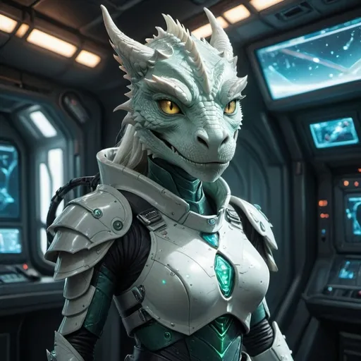 Prompt: Female dragon born commander, DND character, (high-tech futuristic space outfit), (ready for battle), (tech battle armor), intricate details, laser rifle at the ready, illuminated armor panels, battle scars, sleek design, posture of confidence, (space station surroundings), spaceship and blinking control panels in the background, vibrant colors, contrasting shadows, immersive sci-fi ambiance, (4K ultra-detailed), dynamic energy.