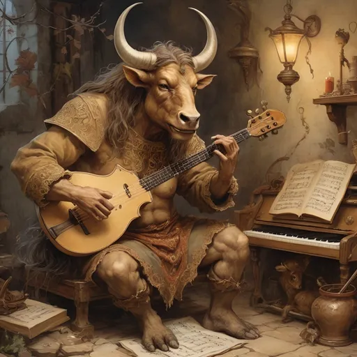 Prompt: DnD minotaur bard playing an instrument, magical musical notes streaming in the air, Anton Pieck style painting, vintage warm tones, intricate details, whimsical fantasy, medieval, high quality, oil painting, good hair, charming, enchanting, intricate details, cozy lighting