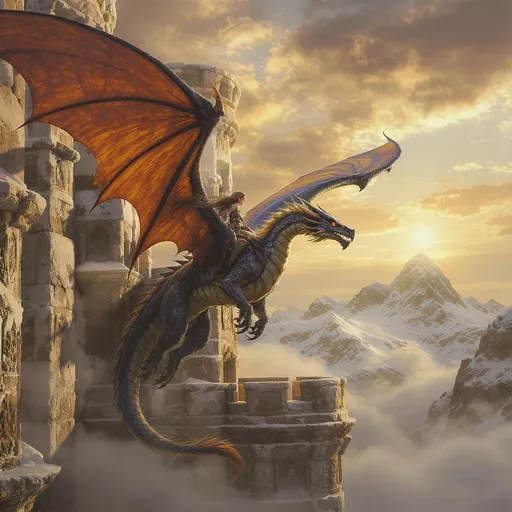 Prompt: Create a cinematic fantasy art scene featuring a majestic winged dragon with iridescent scales, gracefully descending towards the weathered carapace of an ancient citadel. Its powerful wings beat against the backdrop of a golden sky, where soft clouds shimmer like molten gold in the light of a setting sun. The citadel's surface is rough and textured, adorned with intricate carvings that hint at long-lost secrets. Perched atop the dragon is a fiercely determined female dragon rider, her flowing hair billowing in the wind, clad in battle-ready armor that gleams with a hint of magical energy. Snowy mountains rise majestically in the distance, their peaks dusted with fresh snow, contrasting with the warmth of the clouds. The scene conveys a sense of adventure and wonder, inviting viewers into a world where legends come to life.